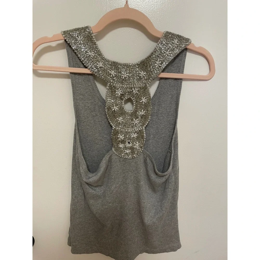 Y2K Beaded Back Racerback Tank Top Newport News Grey‎ Ribbed Size M